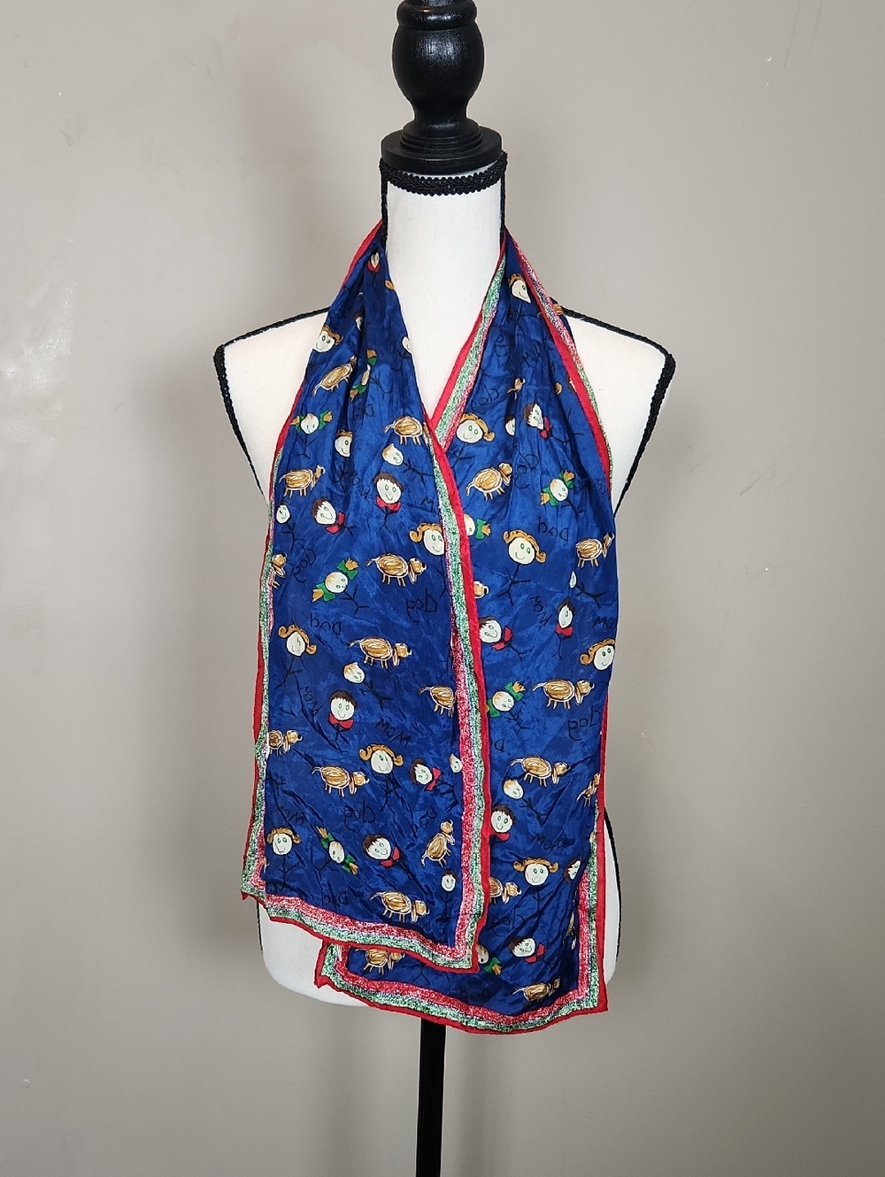 Blue Novelty Family and Dog Patterned 100% Silk Scarf